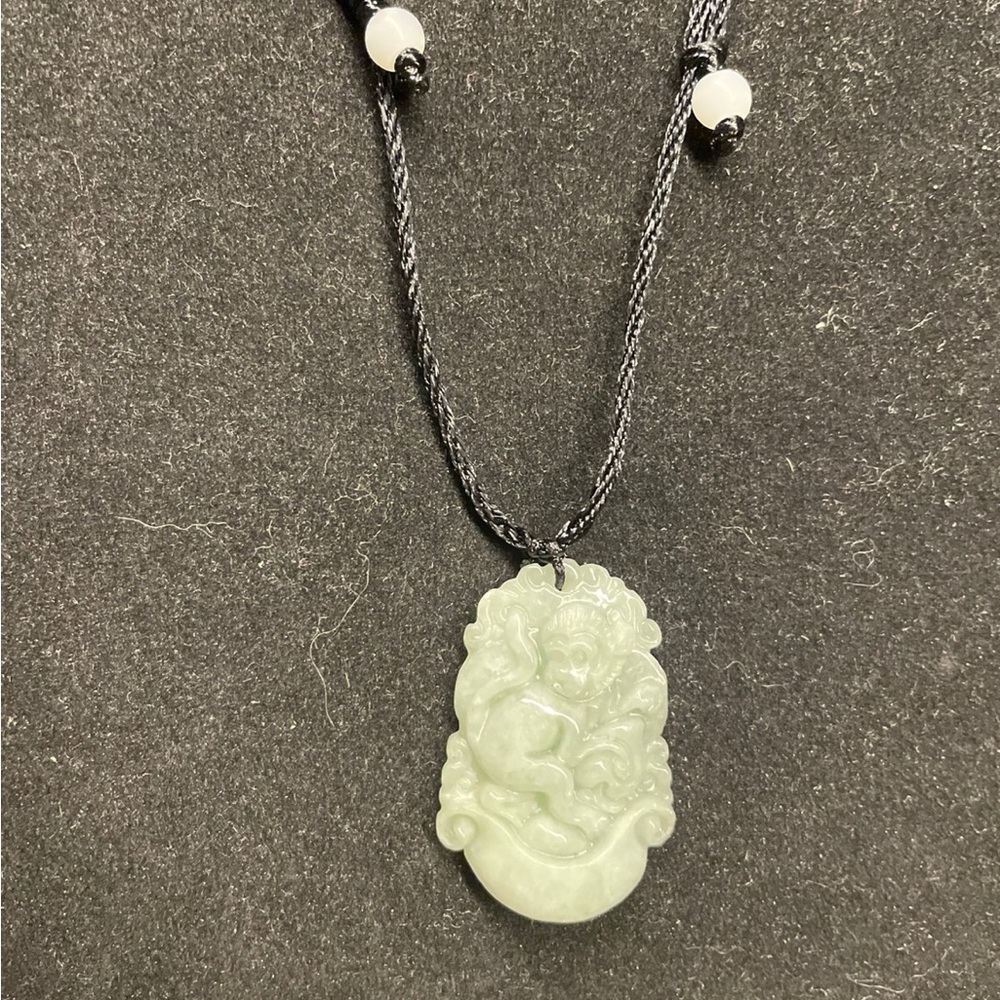 Highly Detailed Hand Carved Certified Jade Monkey Pendant with Necklace